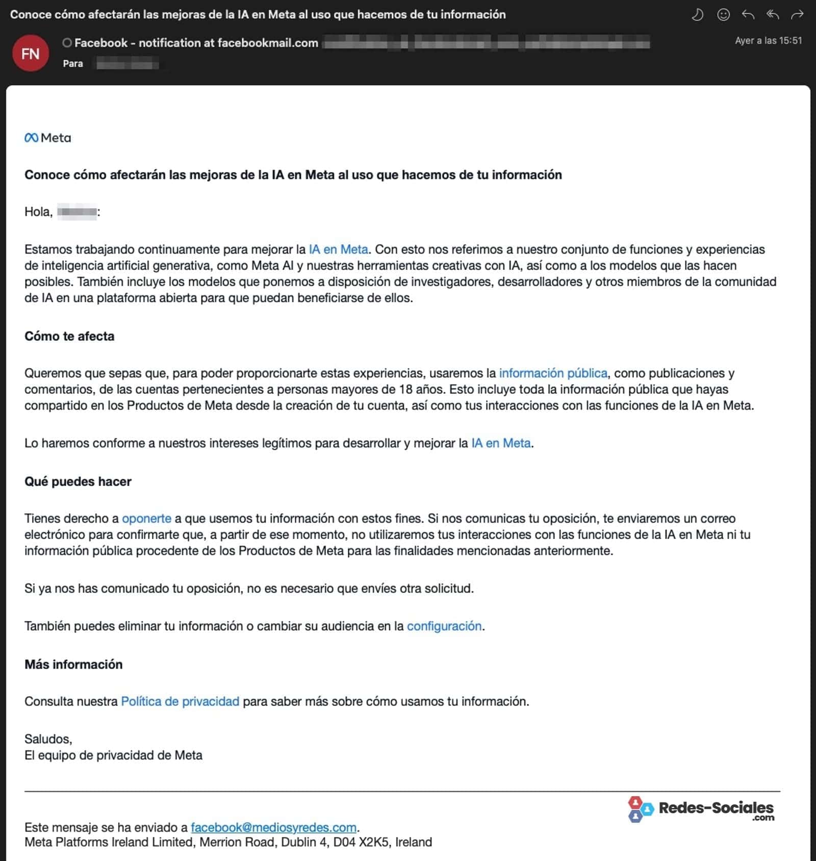 Mensaje confuso de Meta para que digamos no al uso de nuestros datos con su IA.